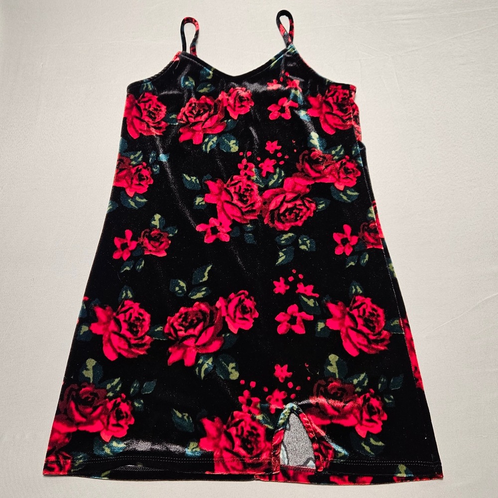 Art Class Mini Dress Womens M 8 Black Red Rose Floral Velvet Slit Y2k Grunge